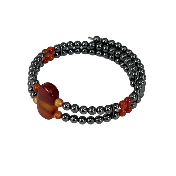 Hematite & Carnelian Beaded Stretch Bracelet With Central Gemstone Accent - Picture 5 of 8
